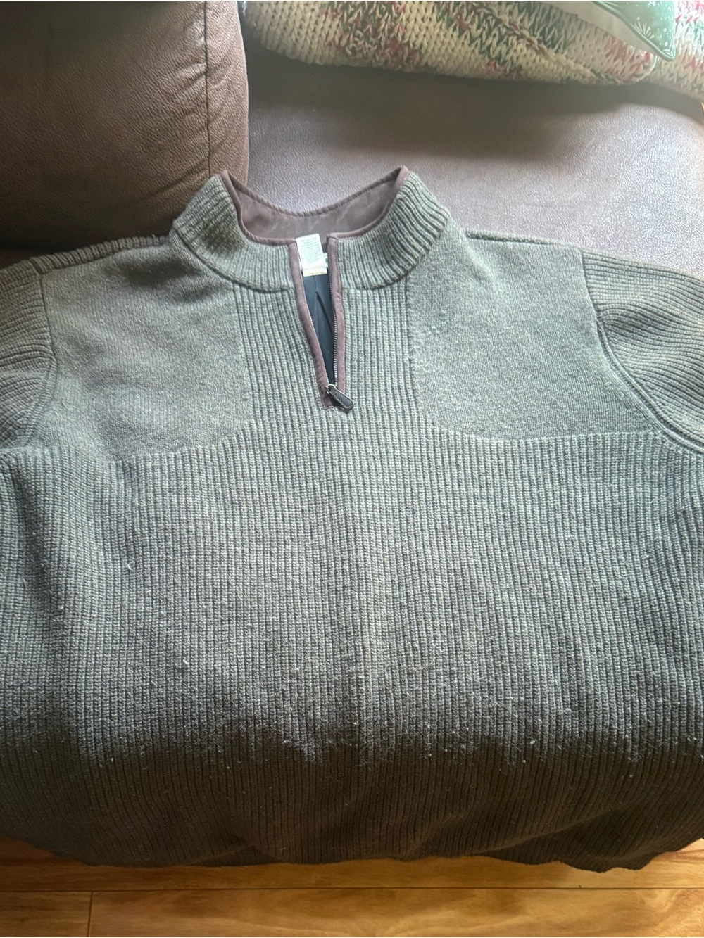 L.L. Bean Olive Green Half-Zip Ribbed Turtleneck Sweater with Brown Trim - Picture 3 of 6